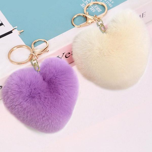 

rex rabbit heart-shaped fur ball 8 character keychain heart-shaped plush car pendant creative male and female couple key pendant, Silver