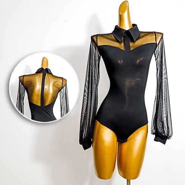 

women ballroom dance bodysuit latin mesh long sleeves club entertainer practice show outfit stage costume black b1928, Black;red