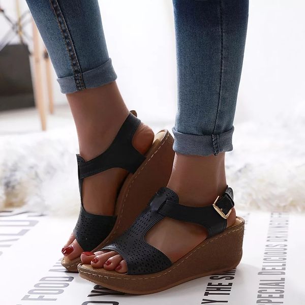 

2021 new fashion summer wees high heel women shoes buckle strap casual ladies plus size sandals cnhw, Black