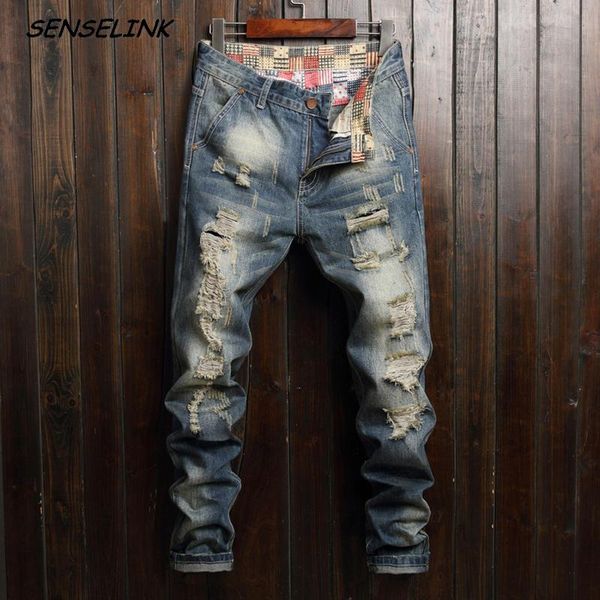 

men's jeans men broken hole embroidered pencil 2021 jogging casual classic streetwear denim trousers, Blue