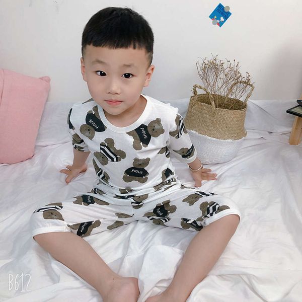 

children's breathing home cotton baby cartoon pajamas summer thin quarter sve pants air conditioning suit, Blue;red
