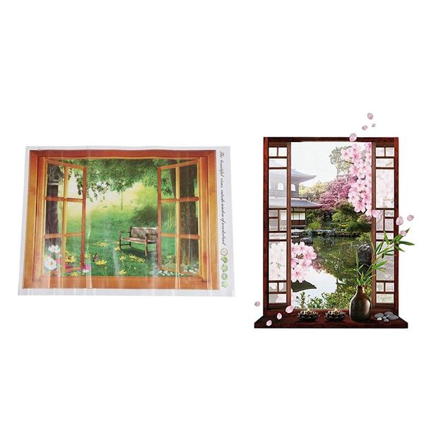 Wandaufkleber, abnehmbarer 3D-Fenster-Landschaftsaufkleber, exotische Aussicht, Sakura-Pfirsichblüten-Blumenkunst