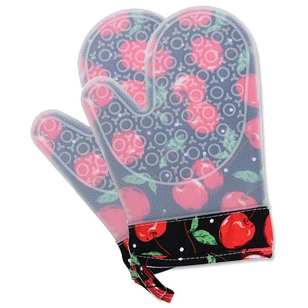 

1 pair non slip silicone oven mitts with printing cotton lining kitchen gloves for cooking baking heat resistant