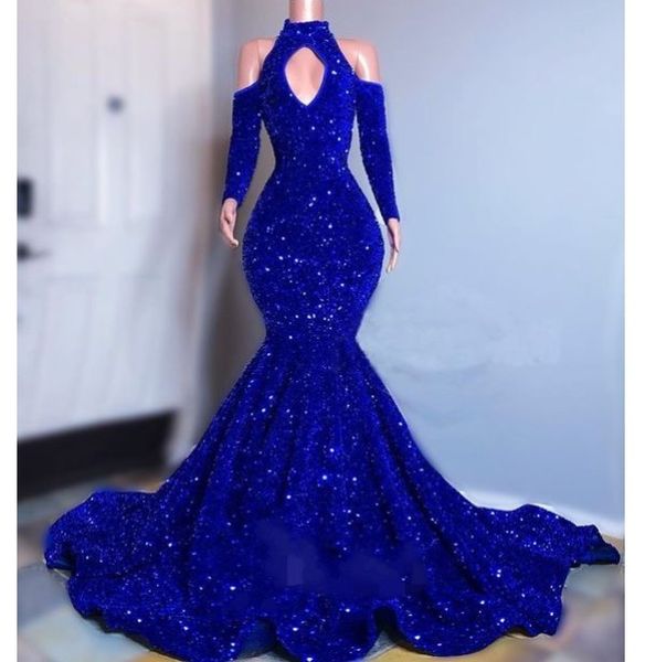 Bling bling Royal blue Sirena abiti da sera collo alto 2021 maniche lunghe Celebrity Abiti del partito invierno Abiti di gala di lusso