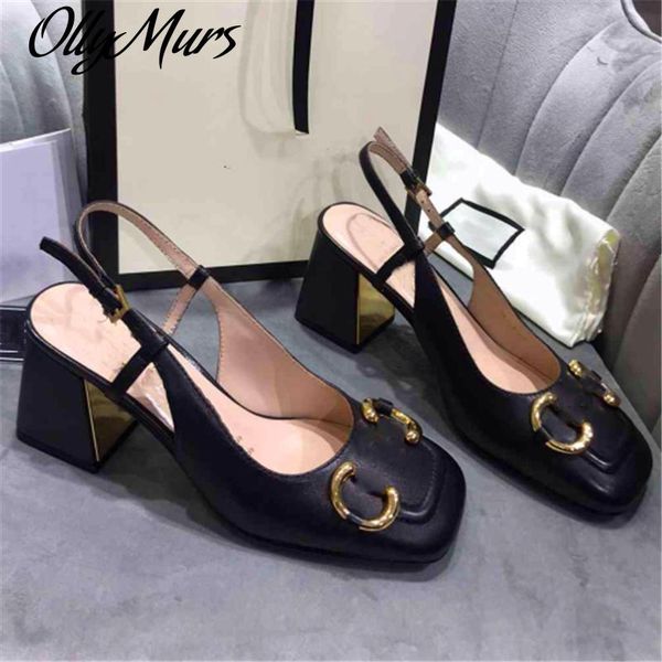 

sandals ollymurs metal decoration back lace pumps retro buckle strap square toe thick high heel shoes, Black