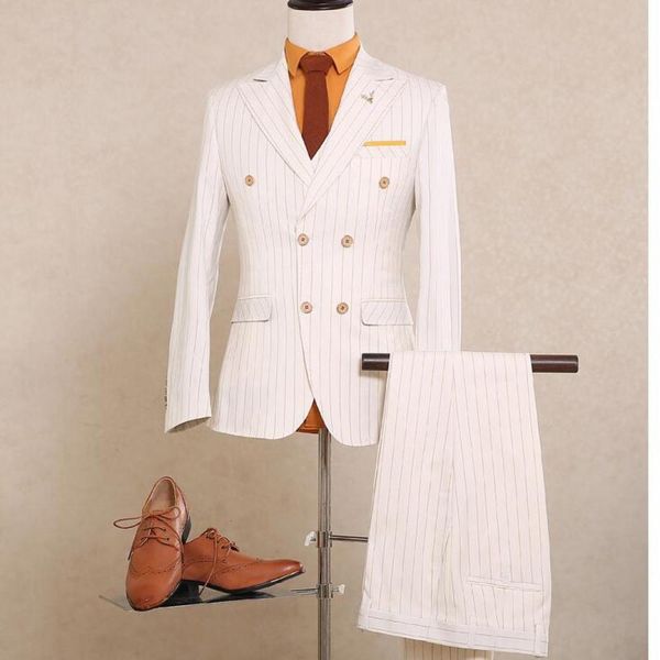 

2021 autumn double breasted british gentleman stripe pieces set male version wedding costume homme suit 10x1, White;black