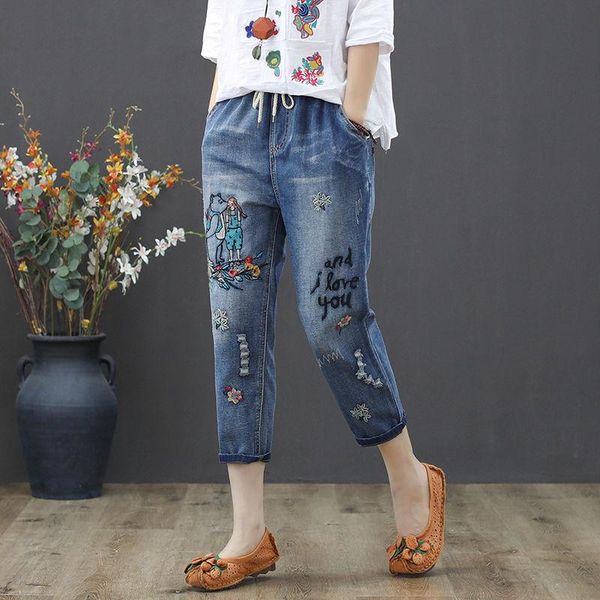 

women's jeans woman pants elastic waist summer loose large size embroidered high ripped straight pantalones vaqueros mujer, Blue