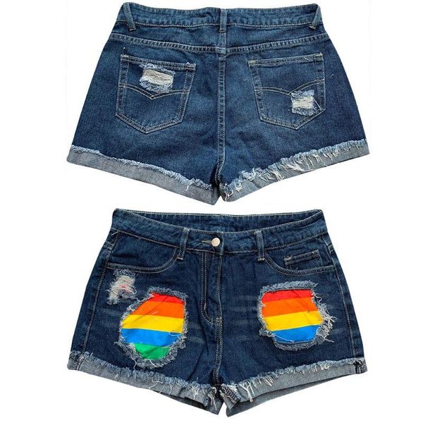 

women's shorts women plus size summer mid waist denim distressed ripped hole rainbow striped patchwork slim trousers, White;black