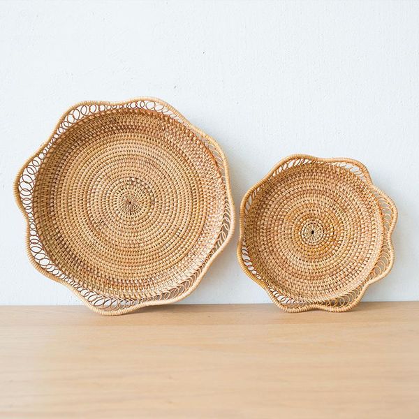 

storage baskets rattan handwoven round serving tray food plate with wooden handles wicker basket for breakfast drink fruit coffee tea