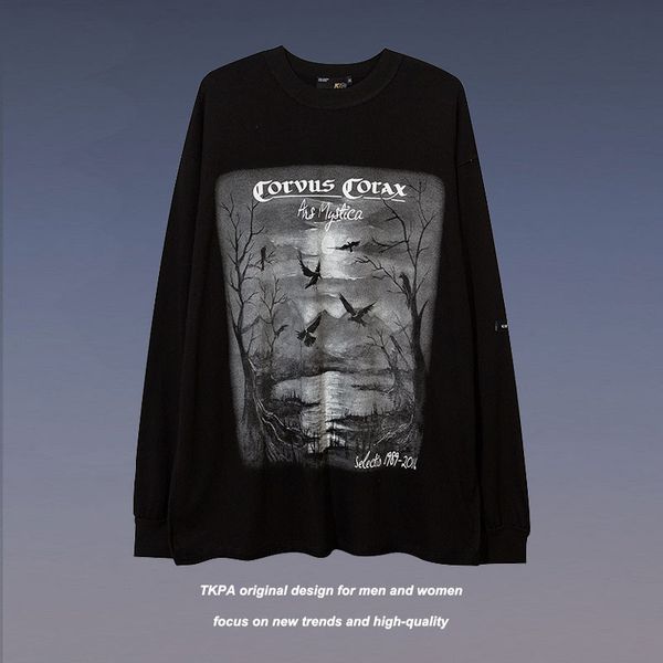 

men's t shirts tkpa national vibe style dark black loose niche long sleeve t-shirt for men, White;black