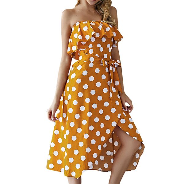 

vintage robe longue femme women boho polka dot vintage dress print elegant ladies summer bandage ruffles sundress, Black;gray