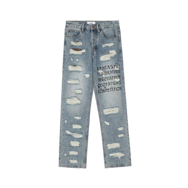 

men's jeans hip hop men streetwear ripped letters printed washed harajuku retro loose straight trousers casual denim pants, Blue