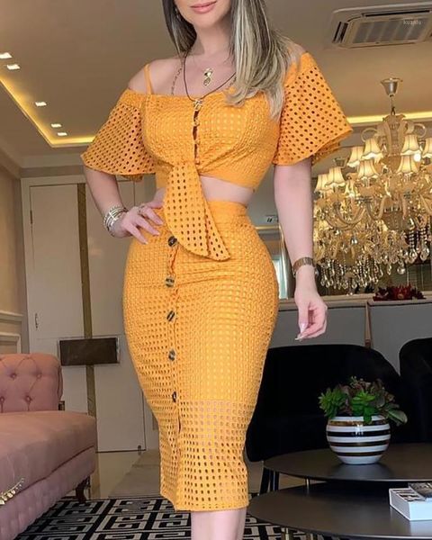 

hollow out bell sleeve knot & skirt set 2 piece set button suit 2019 women two piece summer dress1, White