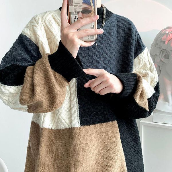 

men's sweaters stitching korean casual fashion loose pullover contrast color knitted jumpers, White;black