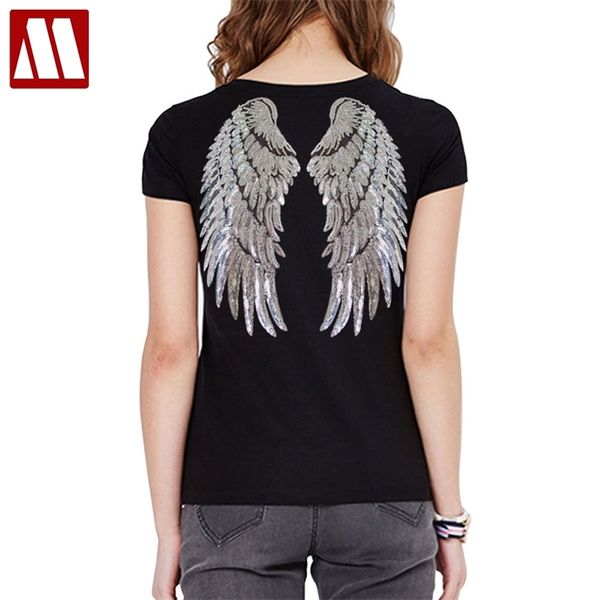 Fashion Sequion Angel Wings T-shirt Mulher Causal Tops Novidade Meia Manga O-Neck T Shirt Verão Solta Sexy Appliques 210623