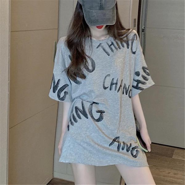 

women's t-shirt short-sleeved women 2021 summer fashion loose round neck letter print medium and long tide h00611, White