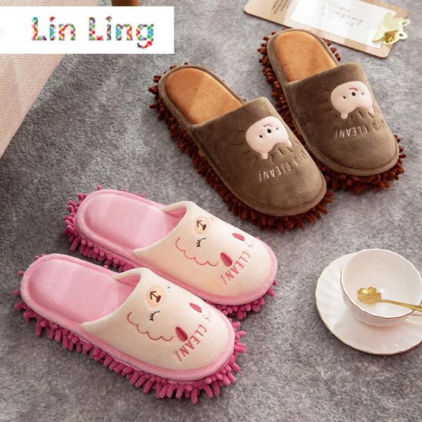 

house mop designer fur slippers for women cute cartoon animal bedroom couples shoes winter indoor warm plush ladies fur slippers, Black