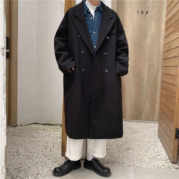 

2021 winter men's woolen blends in warm medium cashmere parkas long trench coats loose windbreaker wool snow jackets size m-2xl, Black