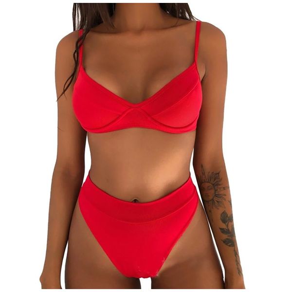 

women's swimwear 2021 swimsuit women push up bathing suit summer solid color v-neck halter bikini beach bandage set, White;black