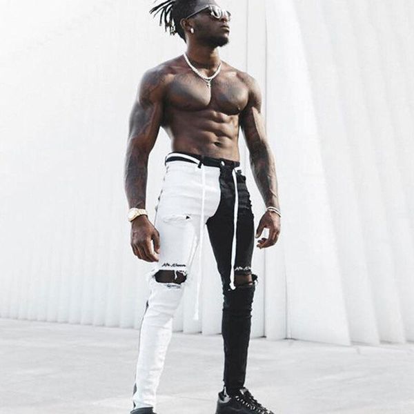

men's jeans wear spring and summer street trend slim fit stitching hole casual pants leggings, Blue