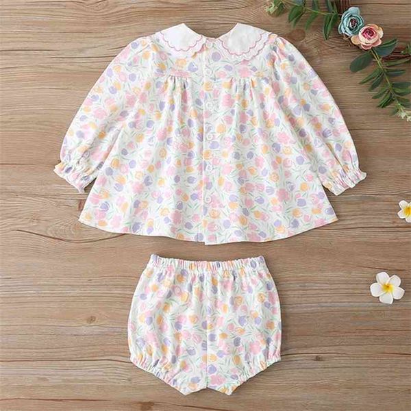 

autumn winter children sets casual girls long sleeve turn-down collar single breasted shorts print clothes 12m-4t 210629, White