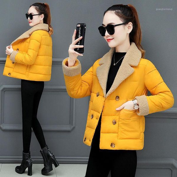 

cotton padded jacket women's short winter korean down loose imitation lamb hair fashion versatile & parkas, Black