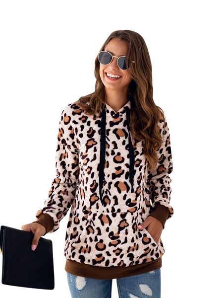 

2021 new women leopard print hoodies long sleeve pockets sweatshirt pullover ladies autumn winter streetwear casual loose coat d6sx, Black;white