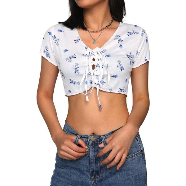 

women's t-shirt 2021 summer casual short sleeve women fashion solid color v-ncek lace-up print lady t-shirts, White