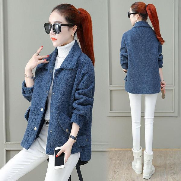 

women's wool & blends winter plus velvet thick lambs coat for women fashion turn-down collar single breasted pockets design warm female, Black