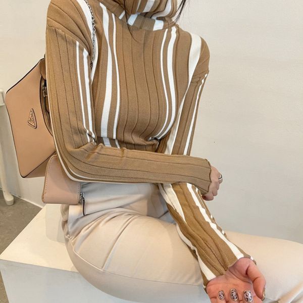 

new all match striped knitted 2021 vintage chic women retro female stylish streetwear turtleneck pullover loose sweaters d6dq, White;black