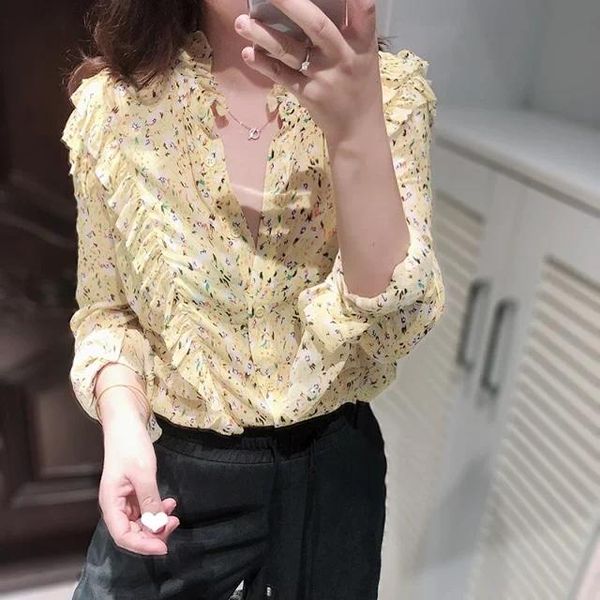 

romantic retro yellow floral print silk women shirt ruffle long sleeve single-breasted temperament lady blouse, White