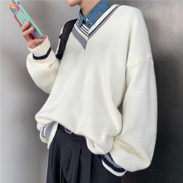 

men's sweaters v-neck knitted loose casual striped retro long sleeve pullover all-match jacquard clothes autumn winter men coat, White;black