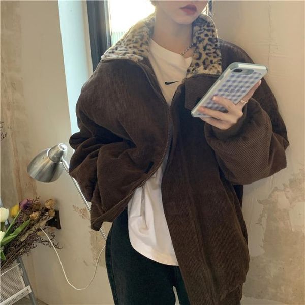 

women's down & parkas 2021 winter leopard patchwork women coat corduroy warm loose casual jacket female outwear elegant, Black