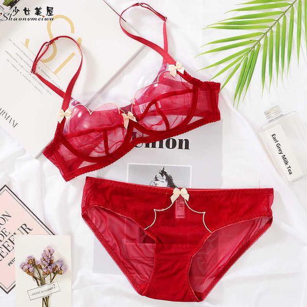 

shaonvmeiwu mesh underwear see-through bra set with a thin, rimmed bra 210122, Red;black