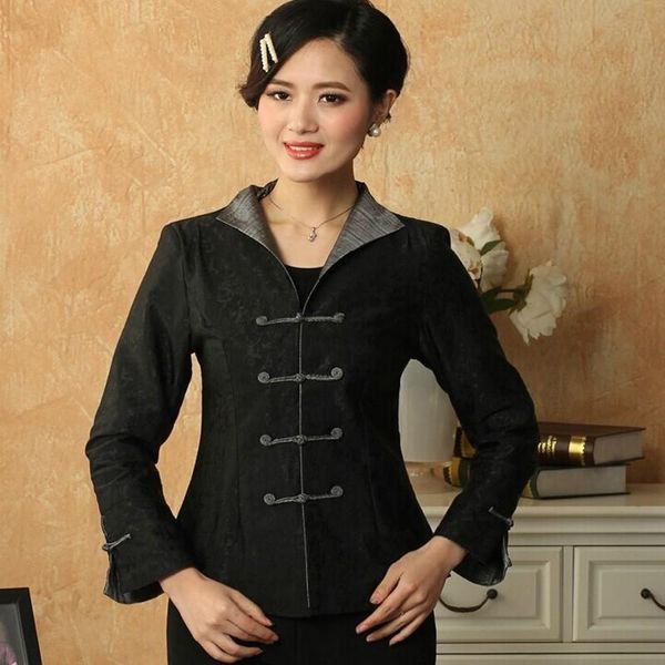 Damenjacken Damen-Seidensatin-Jacke, schwarz, traditioneller chinesischer Stil, Bluse, Stickerei, Blumenmuster, Oberbekleidung, schlanke Vintage-Knopfmäntel, Übergröße