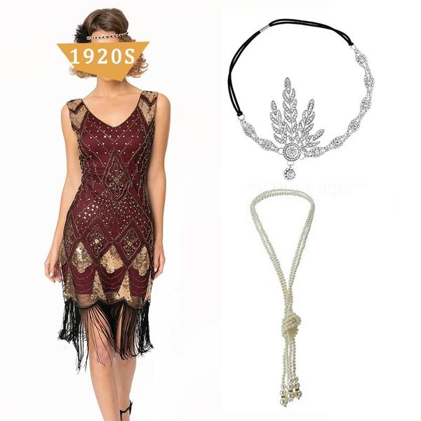 

casual dresses gatsby vintage bridal dress 1920s sequin long fringed paisley flapper cocktail beaded with 20s accessories set, Black;gray
