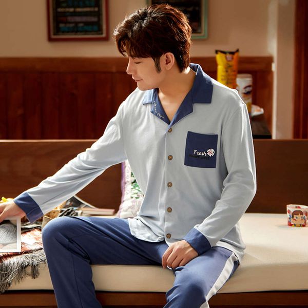 

men's pajamas summer thin cotton long sleeve trousers youth spring and autumn wear home suit, Black;brown