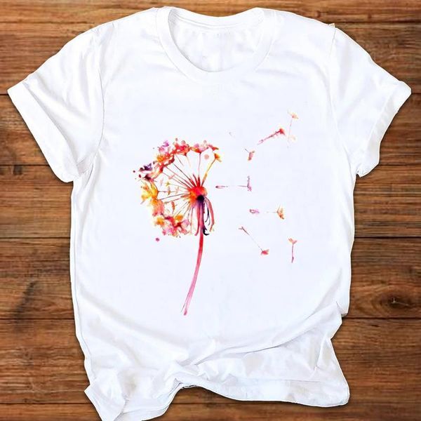 

women graphic dandelion plant travel vacation cute casual printing print clothes lady tees female t shirt womens t-shirt, White