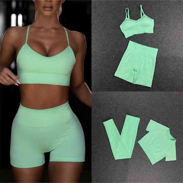 

2 pieces knitting seamless yoga suit woman workout shirts high waist tight leggings bra gym clothing short crop fitness set 210909, Gray
