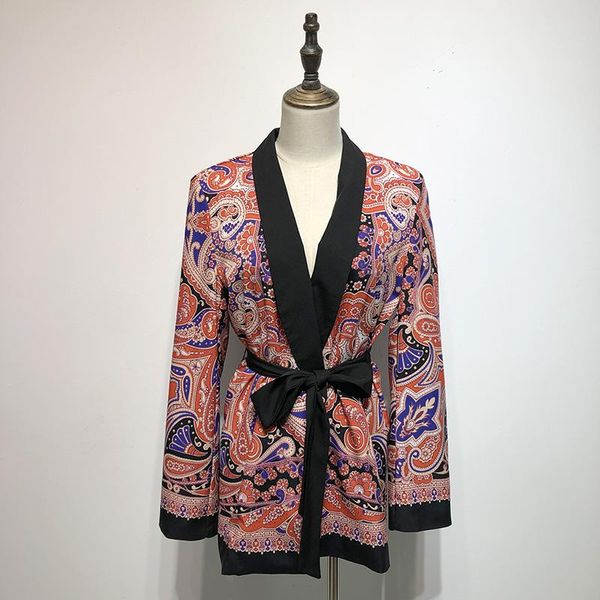 

women's jackets 2021 european fashion women ethnic retro print floral sashes cardigan coat design casacos medium long, Black;brown