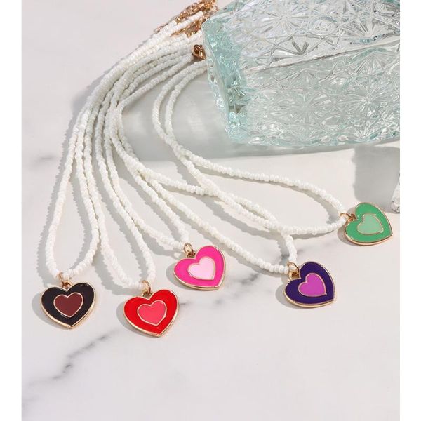 

pendant necklaces simple multicolor enamel heart beaded necklace for women double layer charm white rice bead handmade jewelry gift, Silver