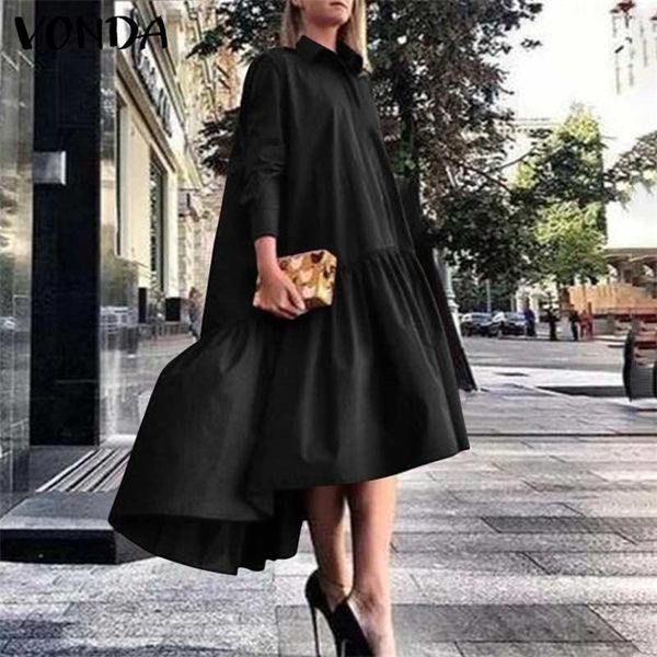 

plus size shirt dress 2021 vonda casual turn down neck long sleeve solid dresses bohemian party vestidos femme elegant robe, Black;gray