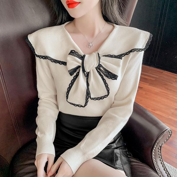 

women's sweaters pink black bow sweet korean style fashion pullovers for ladies autumn winter 2021 clothing sweater blouse female, White;black