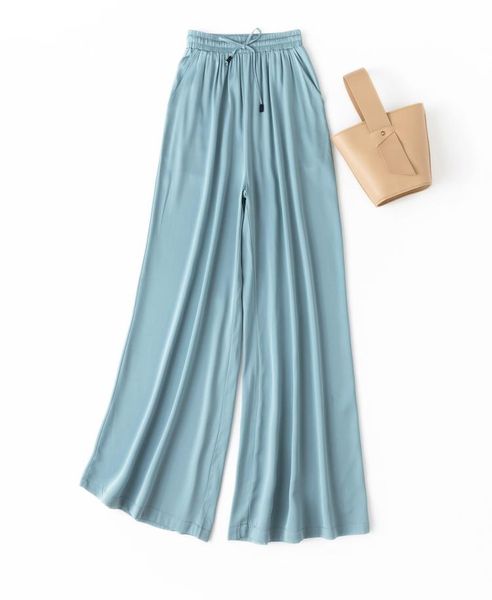 

women's pants & capris 2021 women summer autumn natural silk loose style trousers work wear holiday wide leg blue, Black;white