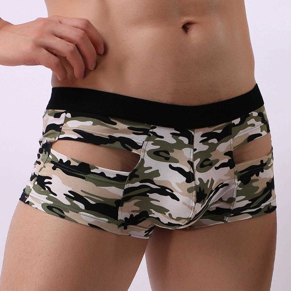 

underpants men underwear mens camouflage boxer mid waist hollow u convex briefs male cotton soft panties, Black;white