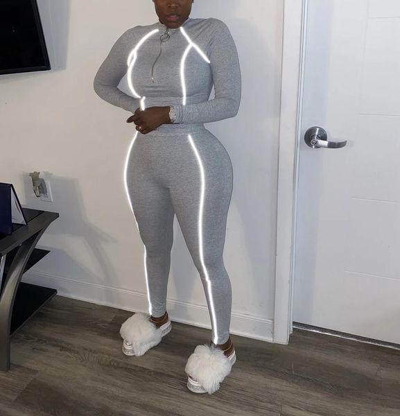 

striped tracksuit women clothes lounge wear zipper long sleeve crop leggings bodycon two piece set jogging femme, Gray