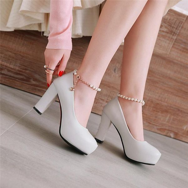 

dress shoes ymechic 2021 summer ankle string bead block high heel office fashion platform white black heels wedding bride pumps