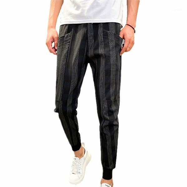 

youth casual fashion pants men striped ankle length pant black white summer and autumn pantalones hombre