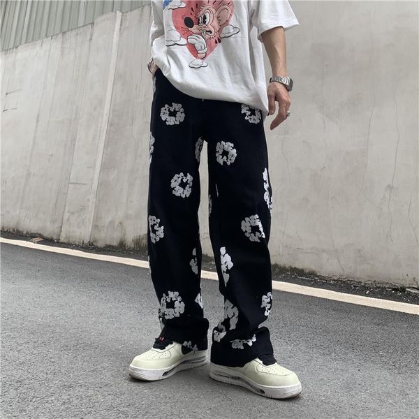

men's jeans harajuku straight ripped oversize denim trousers full flower print vibe style casual mens pants patchwork, Blue