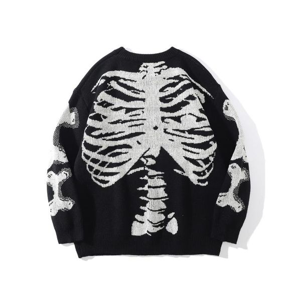

men's sweaters hip hop street harajuku sweater loose retro skull printed knitted 2021 autumn couple cotton pullover, White;black